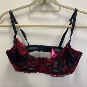 Floral lace Demi/balconette bra 34DD red and black